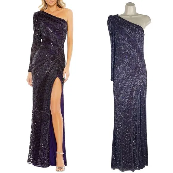 Mac Duggal Beaded One Shoulder Evening Gown Aubergine 5649 Size 6 - Image 2