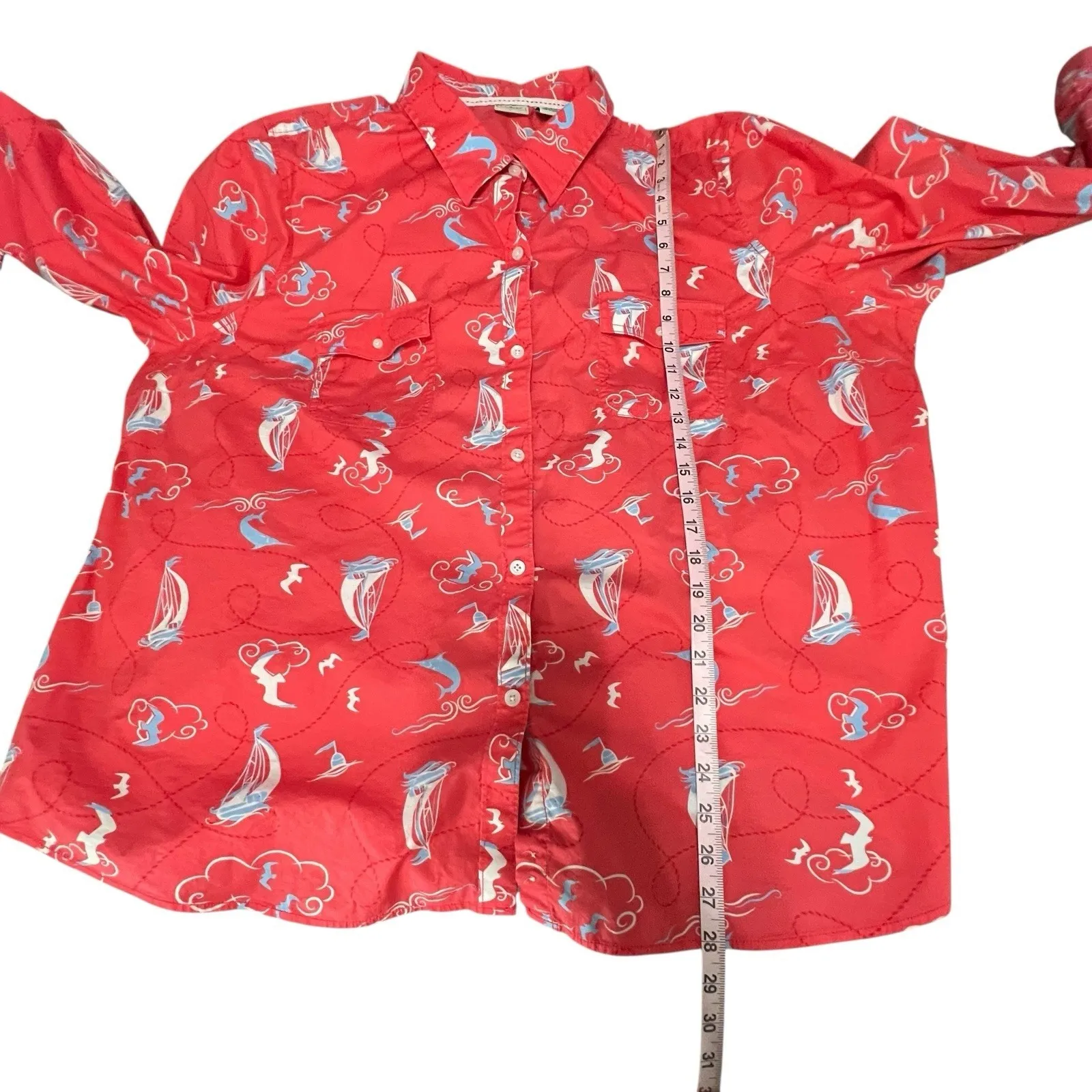 LL Bean Shirt Button Front Size 3X Blouse Sailing Fish Nautical Roll Tab Sleeve Orange - Image 9