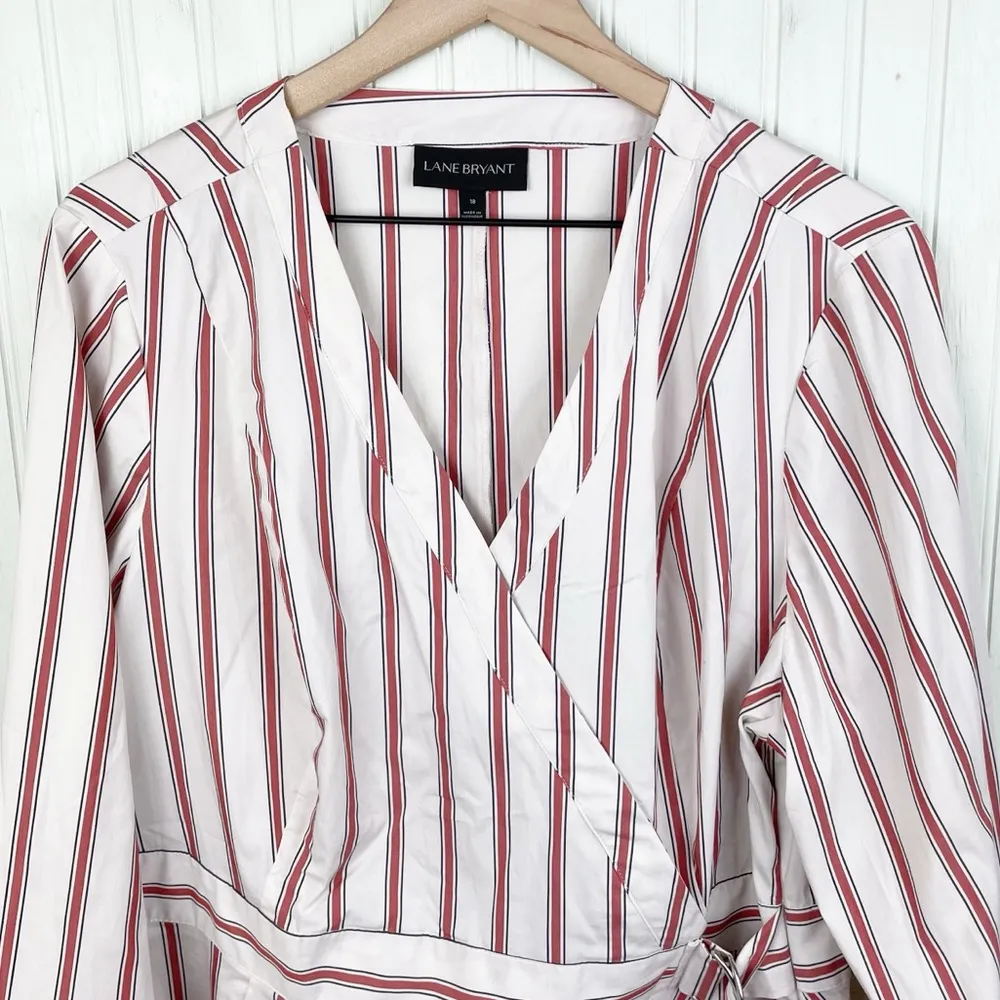 Lane Bryant White Brick Red Striped Long Sleeve Faux Wrap Blouse Women's Size 18 - Image 5