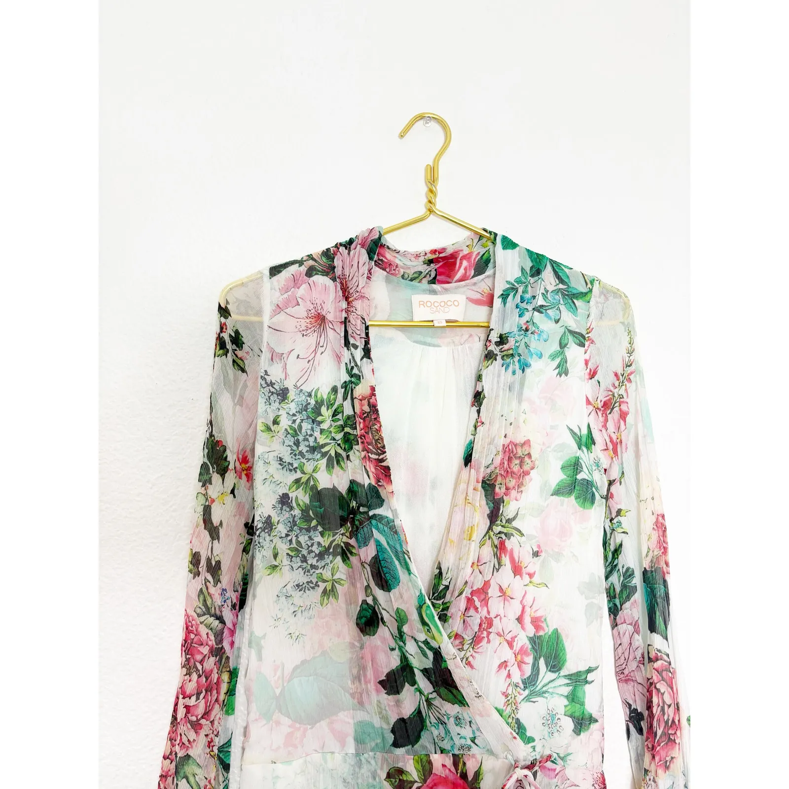 Rococo Sand Isa Wrap Dress Size XS Silk Floral Long Sleeve Mini Bohemian Resort Pink - Image 5