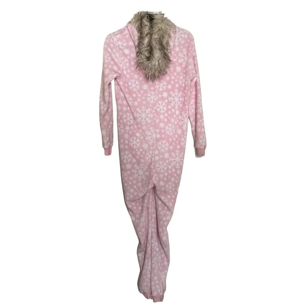 Holiday Time One-Piece Pajama Furry Hood Pink White Front Zipper Size M Medium - Image 3