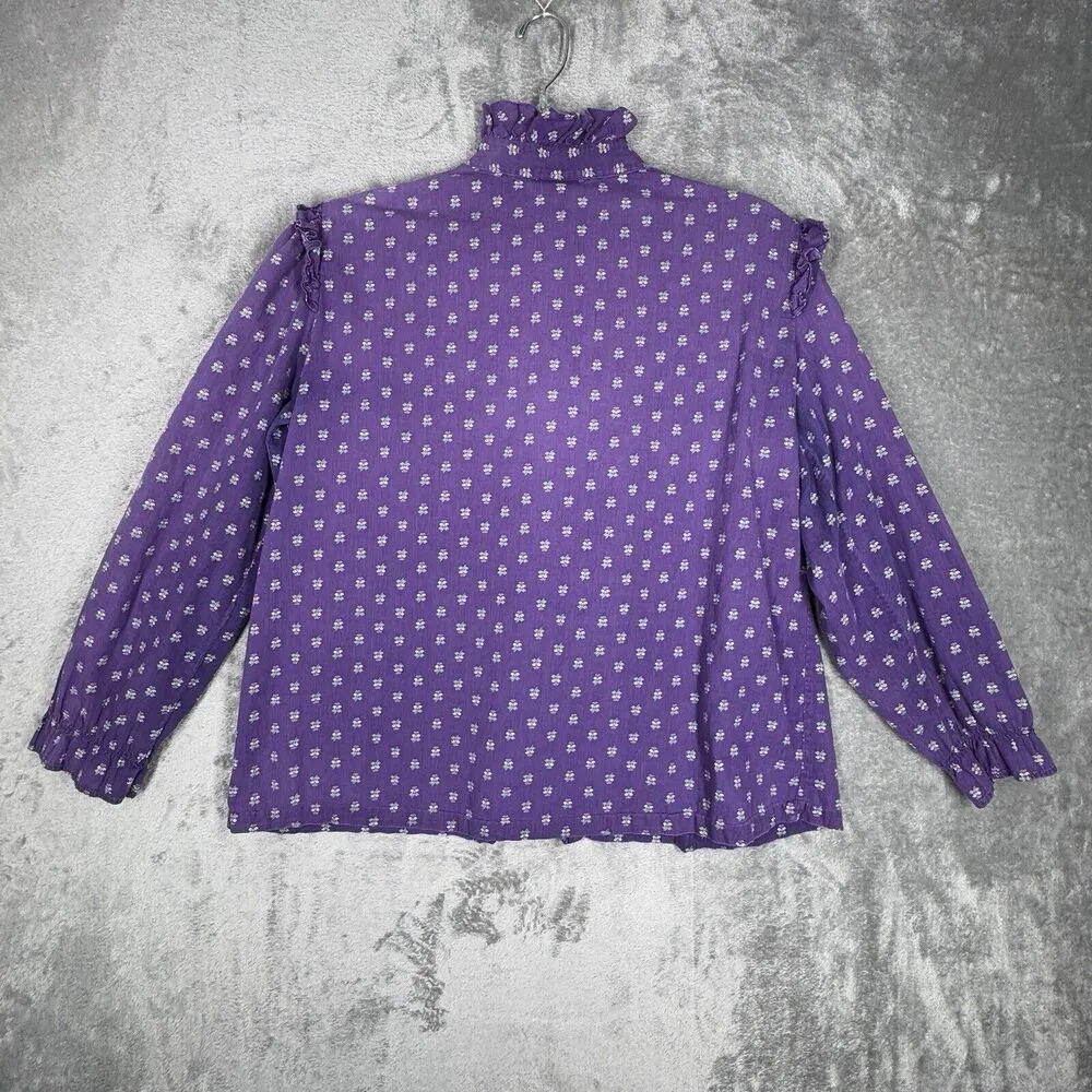 Lucky Me Shirt Womens Large Purple White Floral Bohemian Peasant Prairie Vintage - Image 3