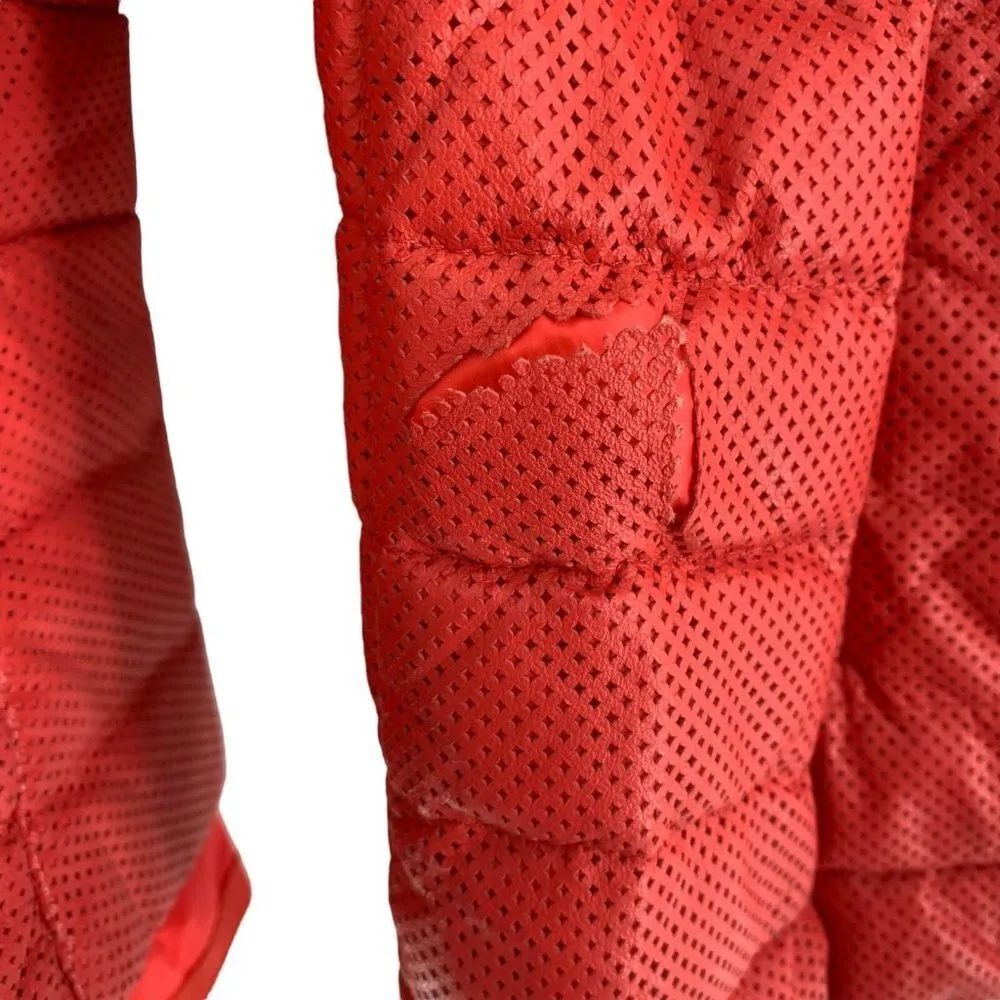 Rare MONCLER Coral Red Perforated Faux Leather Puffer Jacket Size Medium - Image 5