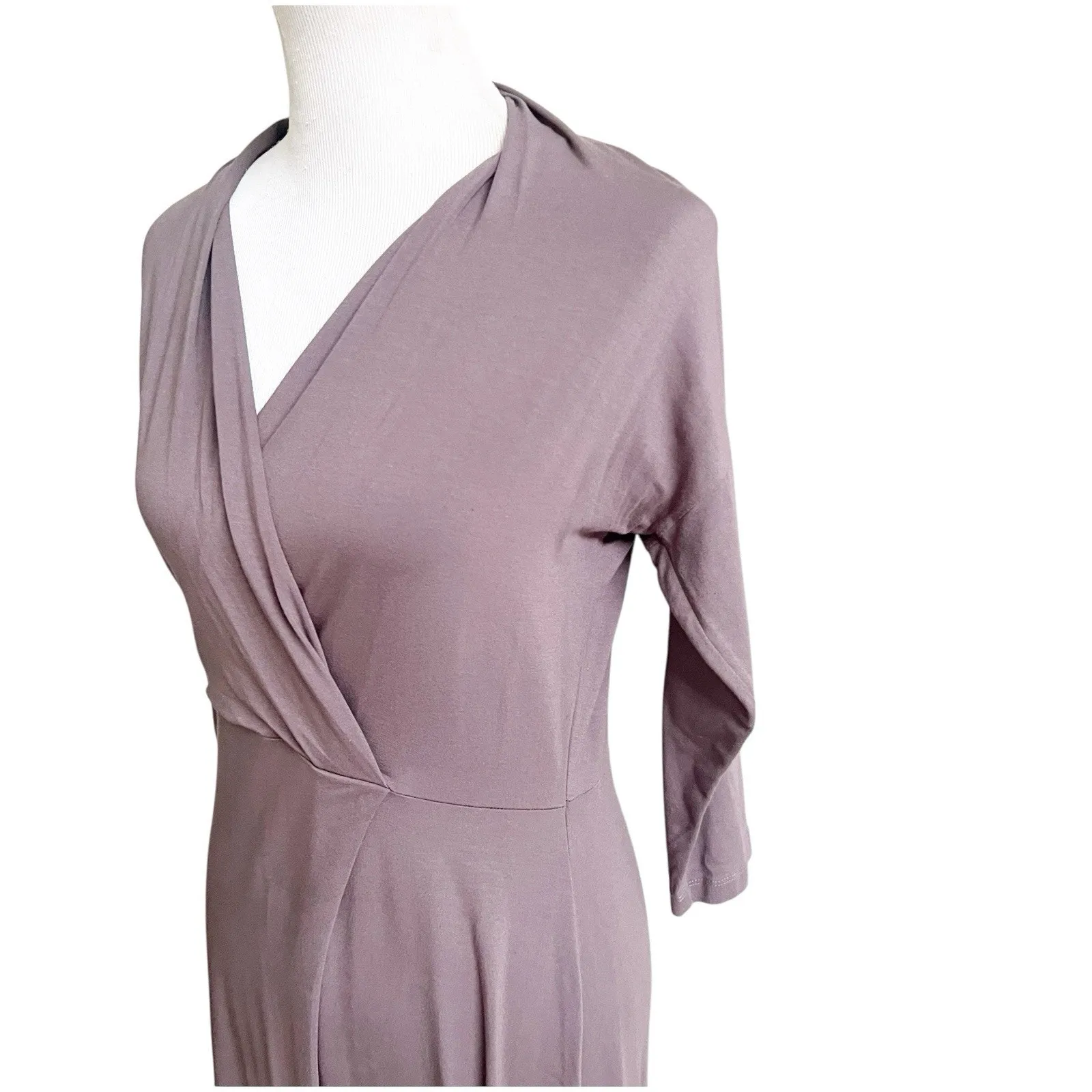 LK Bennett Faux Wrap Dress Taupe Sz 8 3/4 Sleeve Knee Length V - Image 5