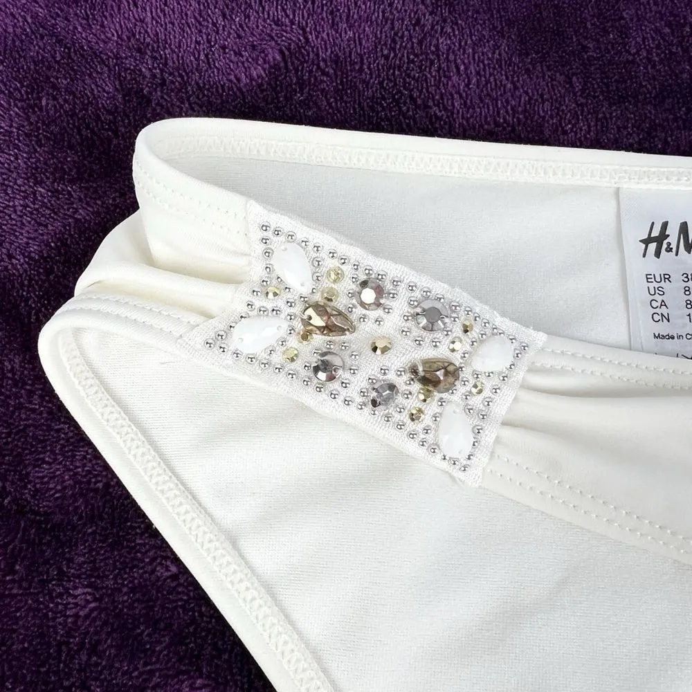 H&M White Cream Rhinestone Beaded Bikini Bottoms Size 8 - Image 3
