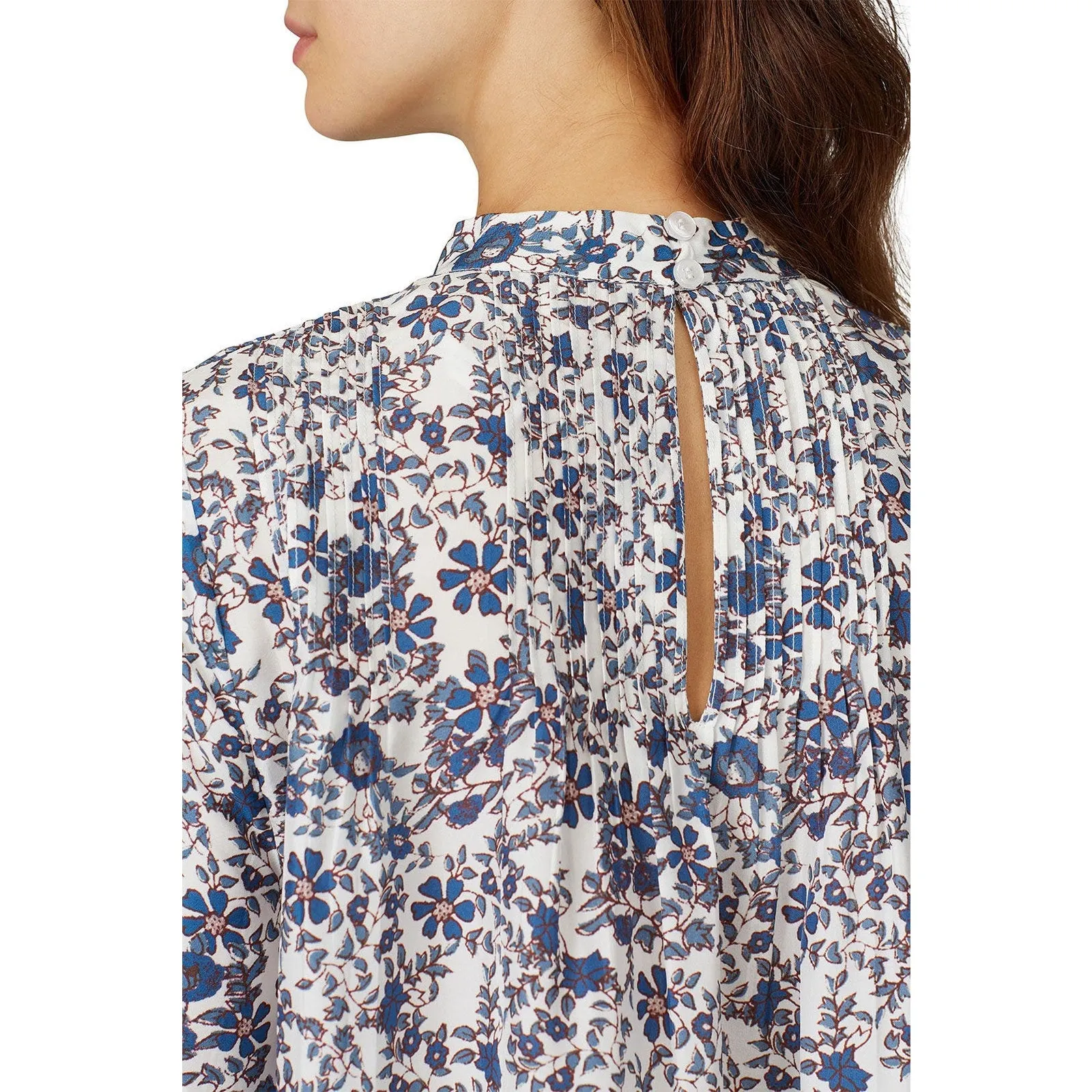 Apiece Apart Sez Pintuck Floral Print Long Sleeve Silk High Neck Blouse Size 12 - Image 4