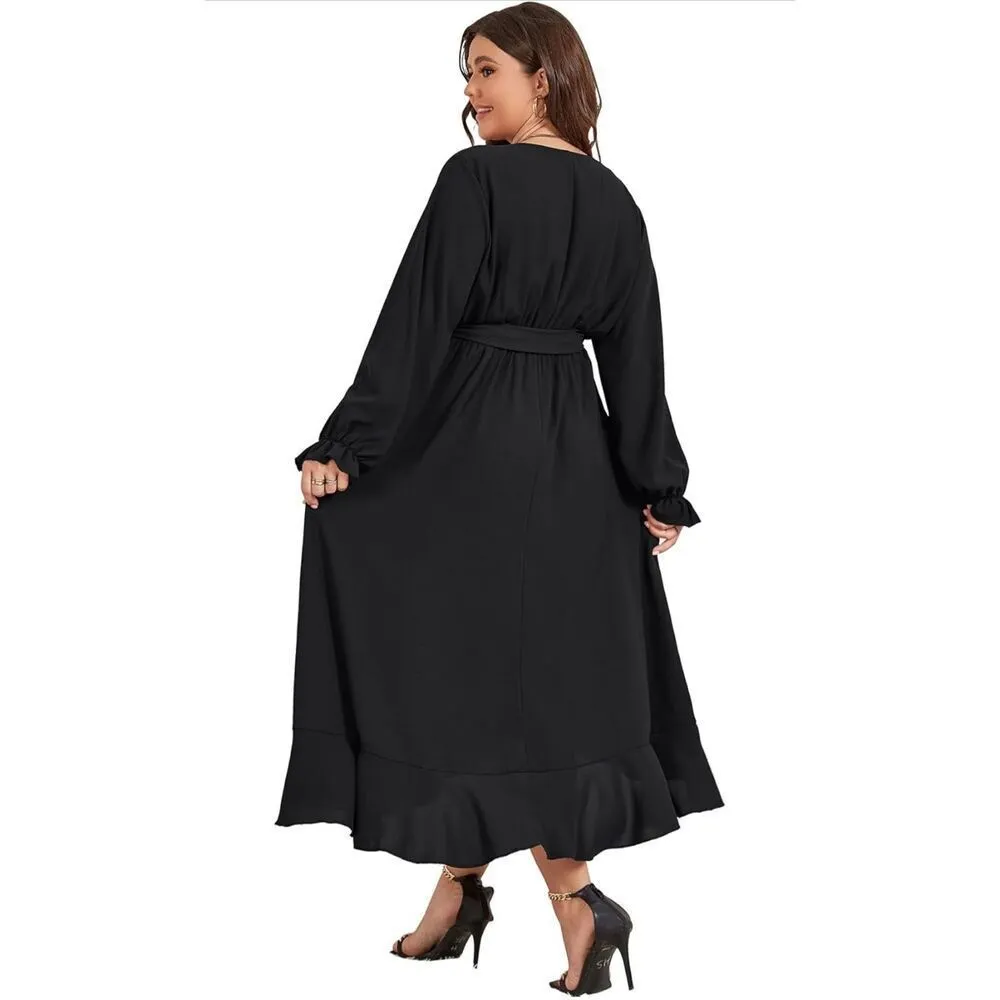 NEW Long Sleeve Wrap V Neck Split Ruffle Cocktail Dress 2X NO BELT Black - Image 2