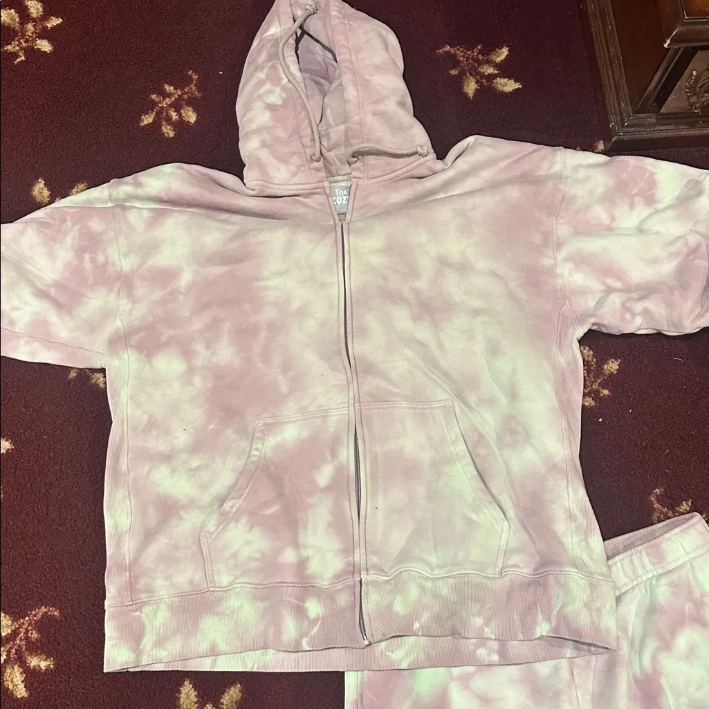 Aritzia TNA Cozy Fleece hoodie jogger set Soft Pink and lime green Large EUC - Image 2