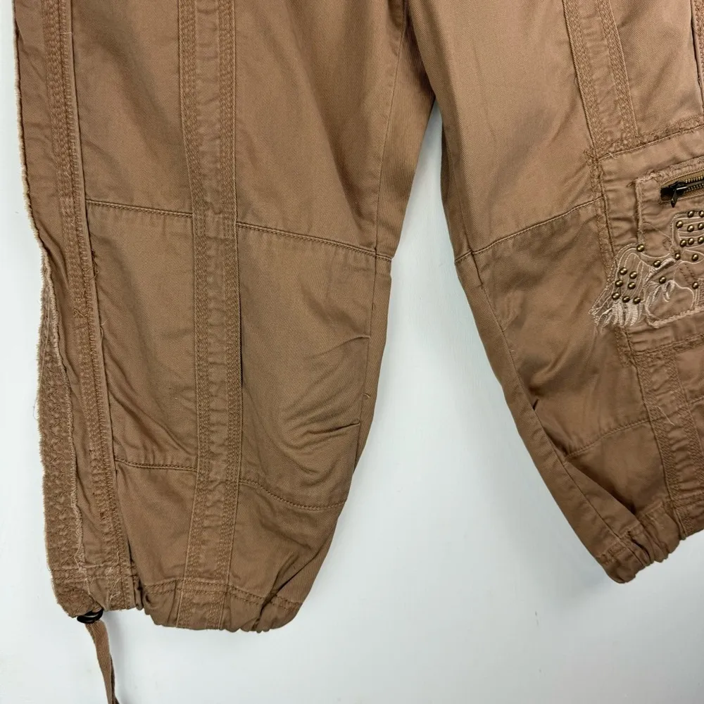 Y2K Original & Glamour Sz Large Cargo Baggy Crop Pants Patchwork Embroidered Tan - Image 10