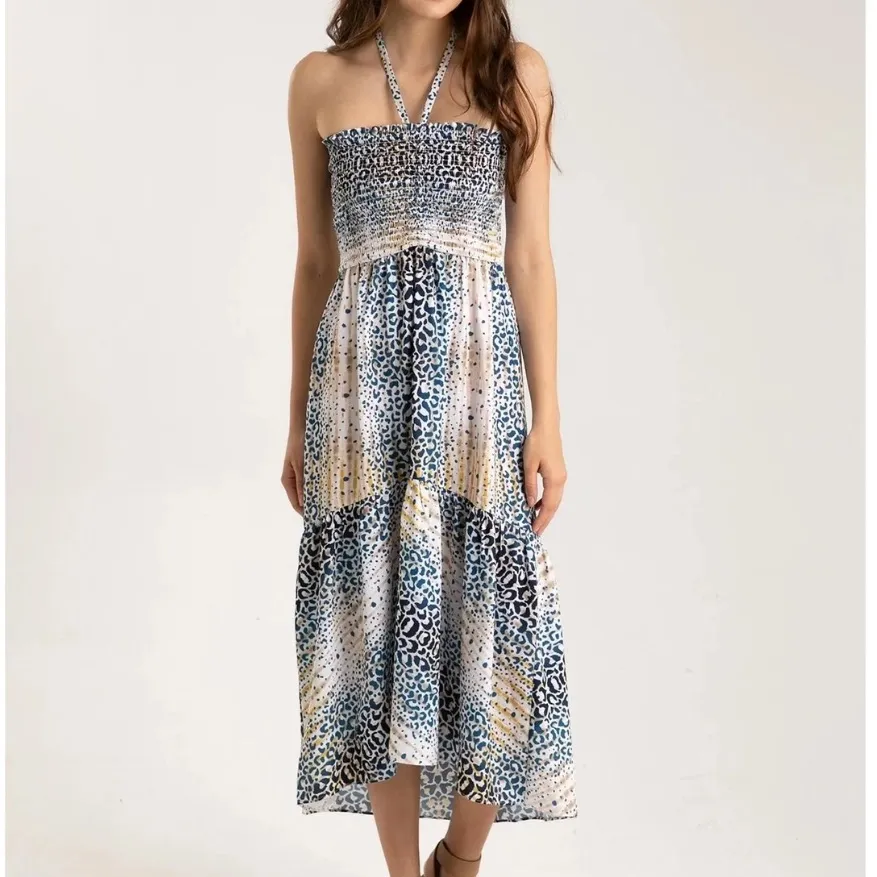 Hale Bob Elbise Strapless Smocked Tie Neck Halter Midi Dress Orange White Small - Image 2