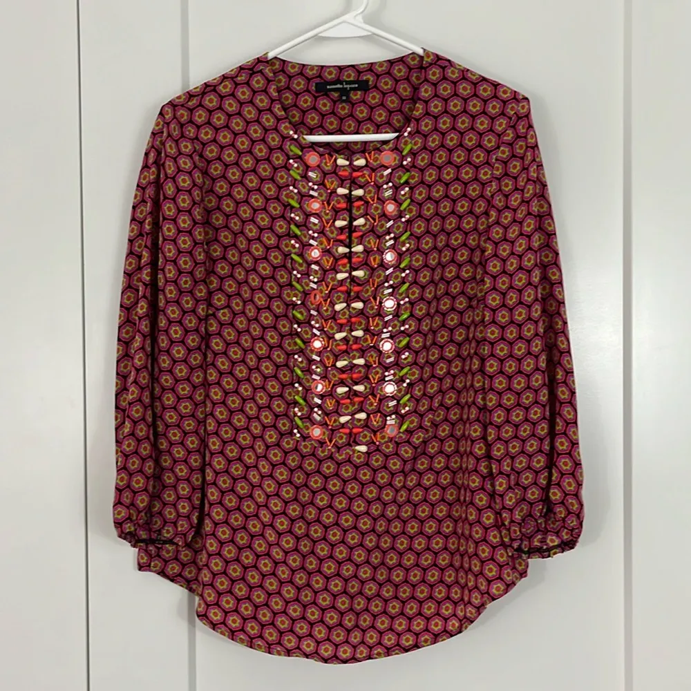 Nanette Lepore Size 10 Red, Purple Silk Beaded Keyhole Neckline Blouse Top - Image 5