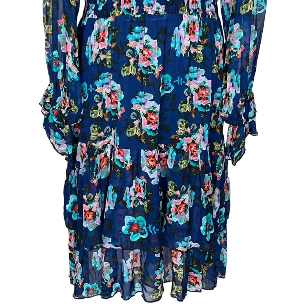 Tolani Dora Azure Chiffon Floral Dress Women’s Size M Sheer Long Sleeves Tiered - Image 6