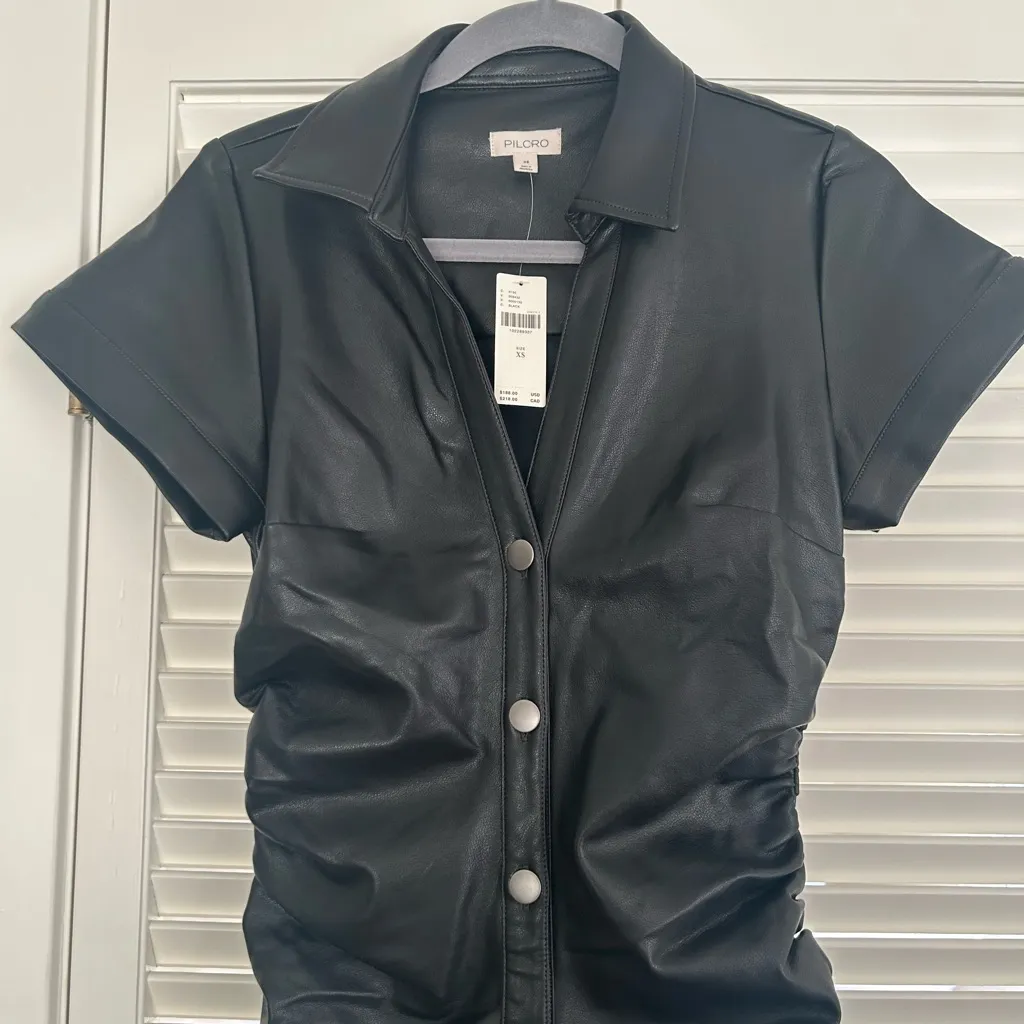 NWT Pilcro Faux Leather Short-Sleeve Ruched Midi Shirt Dress Size XS Button Up - Image 3