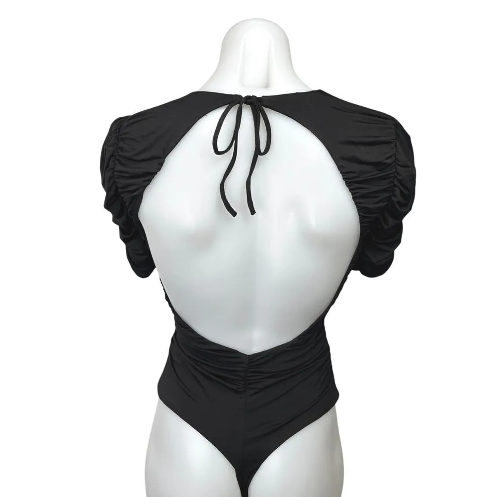 Lovers and Friends Women's Black Ruched Short Sleeve Open Back Bodysuit Top XS - Image 2