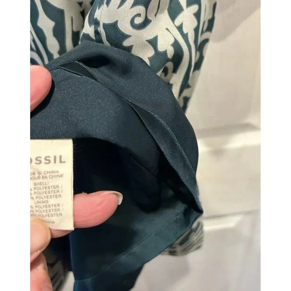 Fossil Womens Dress 3/4 Sleeve Geometric‎ Ikat Boho Mini Teal Size Large Pockets - Image 6