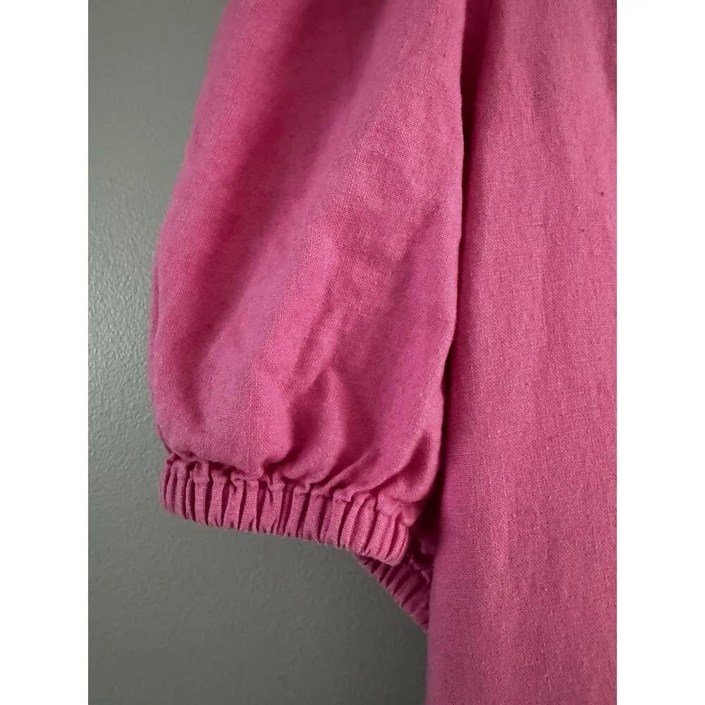 Old Navy Pink Button Front Smocked Puff Sleeve Dress Sz 2x Linen Blend - Image 6