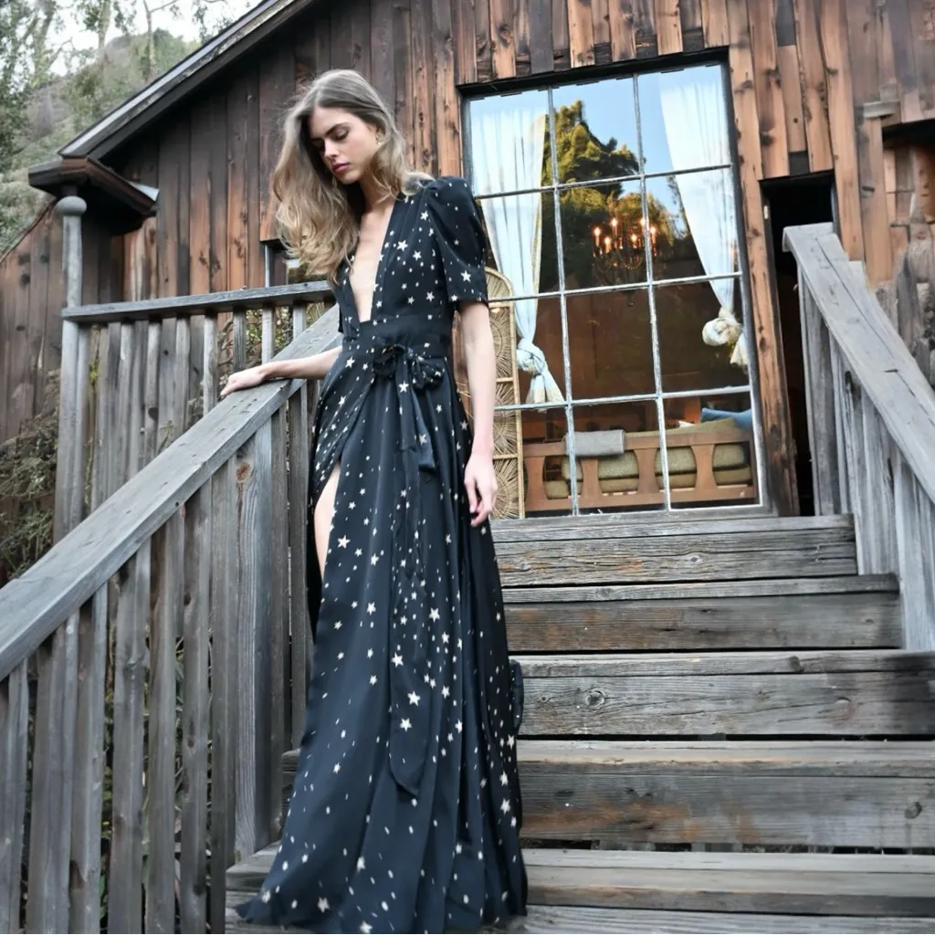 Stoned Immaculate Hollywood Black Star Print Short Sleeve Maxi Wrap Dress XS - Image 11