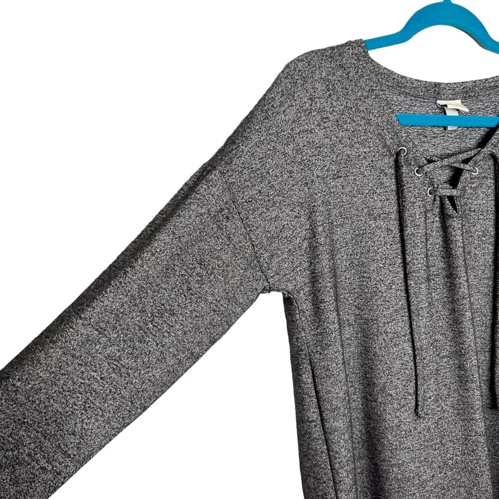 Charcoal Heather Gray Lace Up Neckline Blouse - Image 2