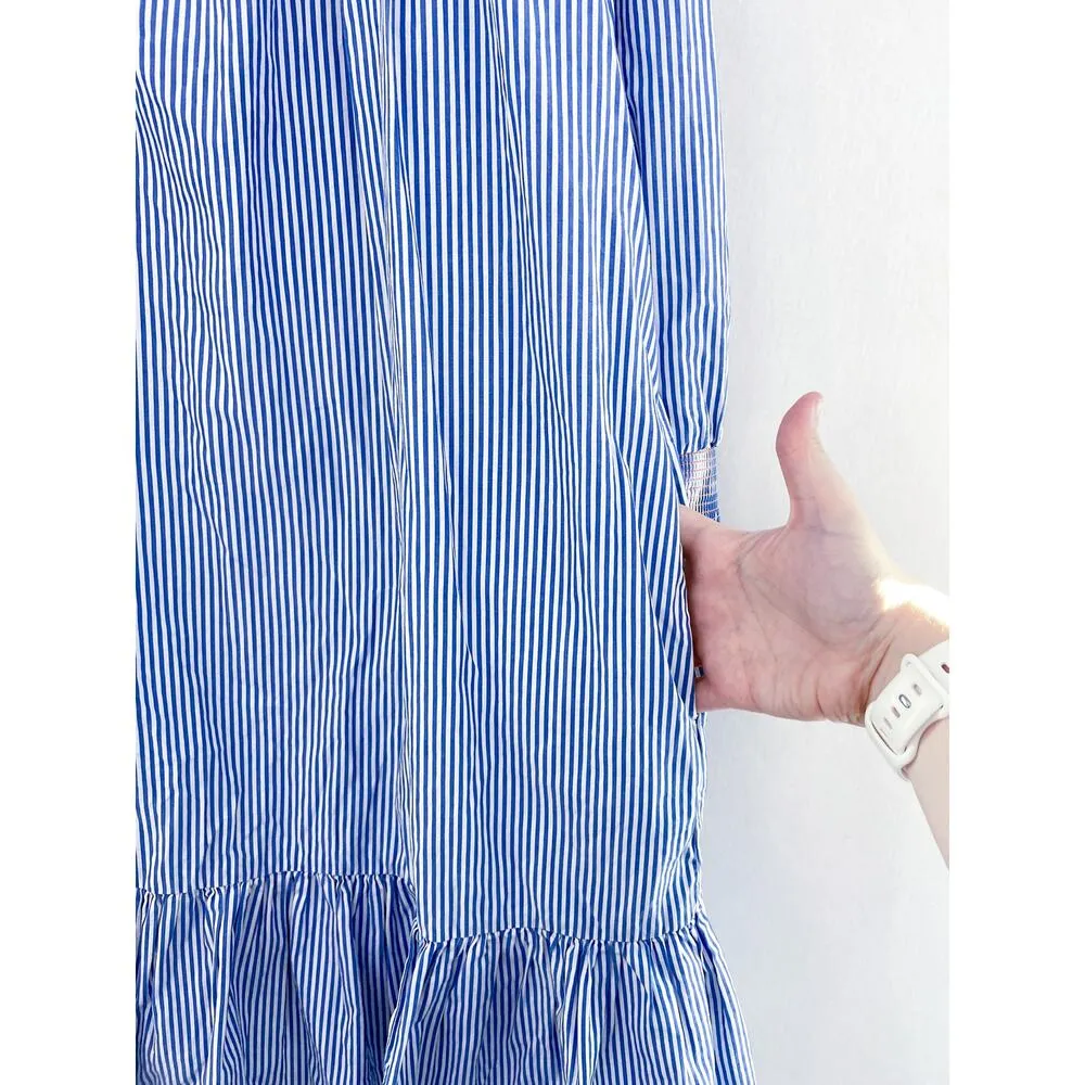 J Crew Floral Embroidered Popover Dress Ruffled Hem Blue White Stripe Medium - Image 7