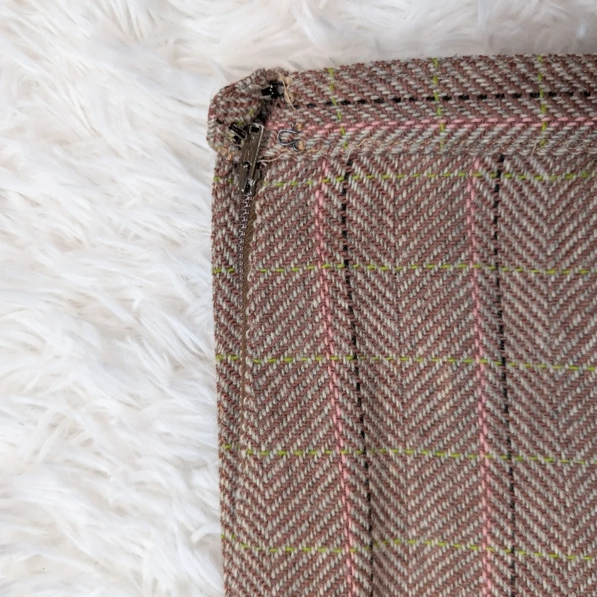Vintage 1990s Tweed A-Line Skirt Brown Pink Green Plaid Wool Blend - Image 9