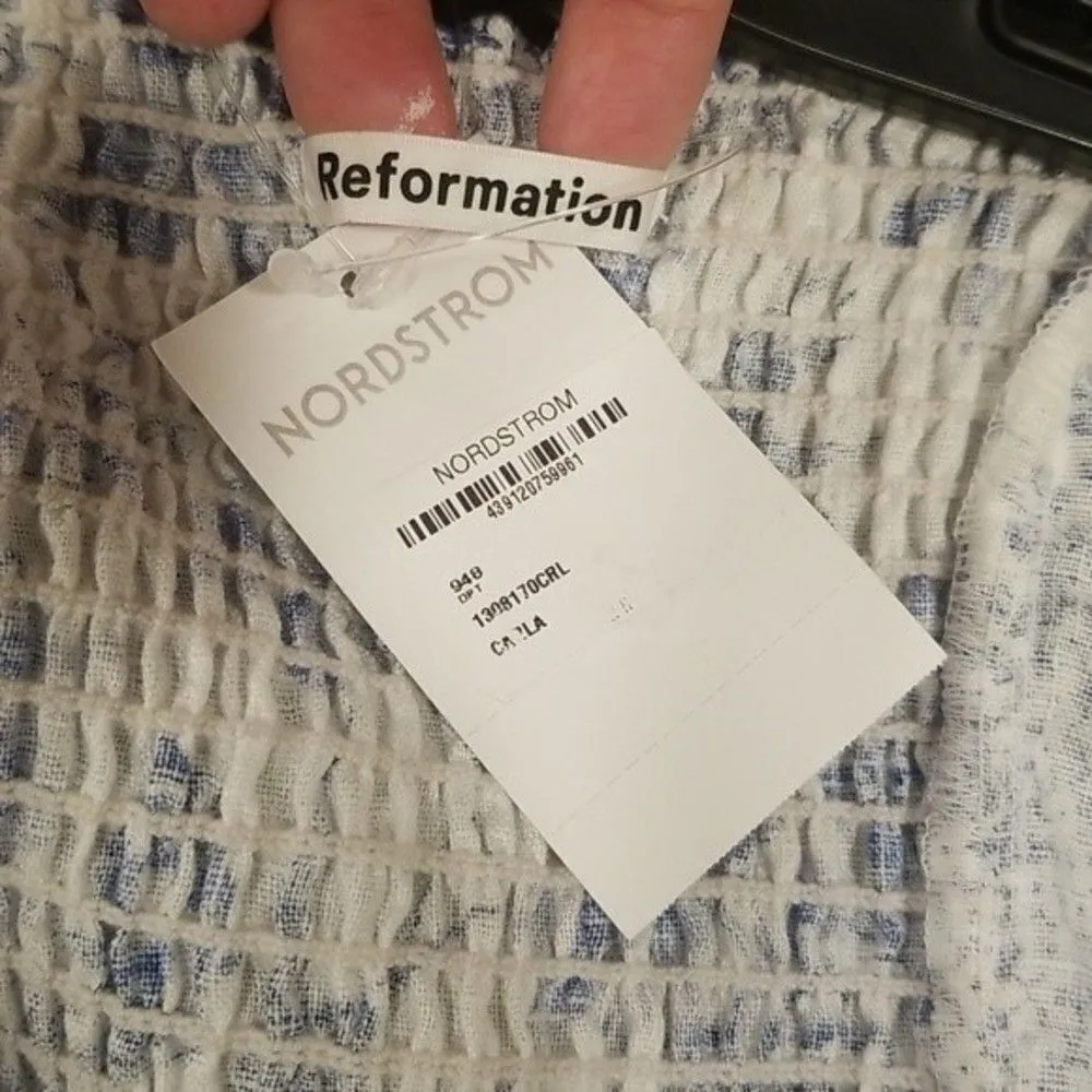 💕REFORMATION💕 Stilton Linen Top  Pompadour Blue White Floral Bird Print 2 NWT - Image 11