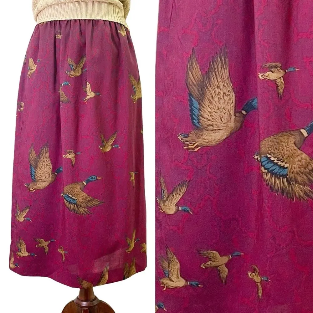 Vintage Deans of Scotland Wool Midi Skirt Burgundy Mallard Ducks Size 6 UK 2 US Red - Image 2