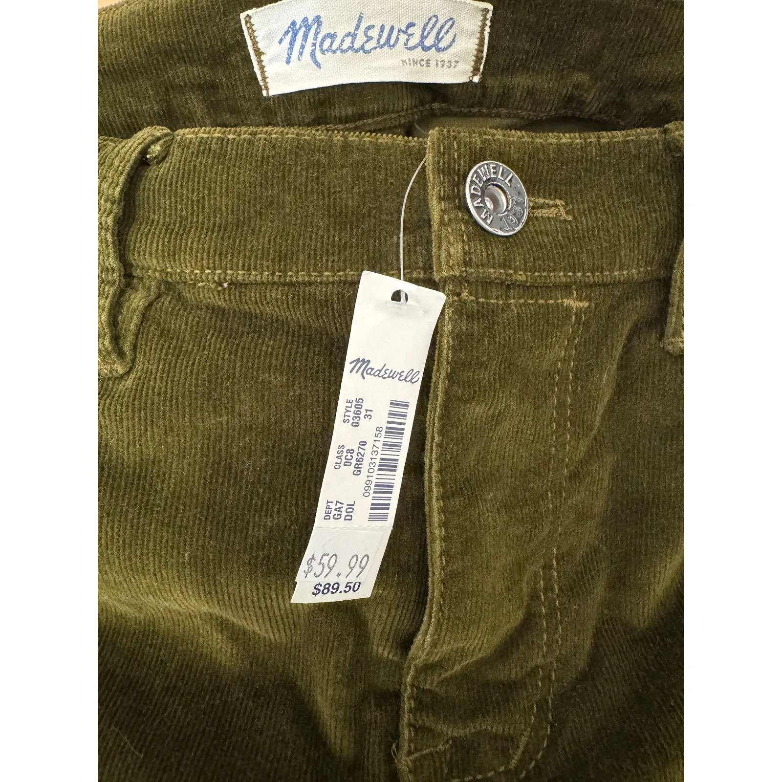 Madewell Classic Straight Jeans Corduroy Edition 03605 Size 31X32 NEW Green - Image 4