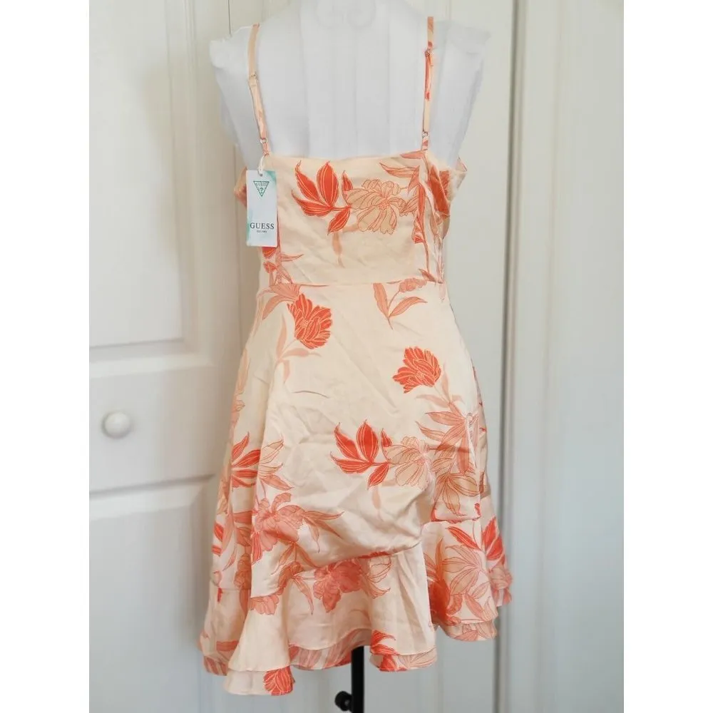 GUESS Margo Floral-Print Wrap Tie Front Dress Kula Blooms Print Orange Satin (S) - Image 5