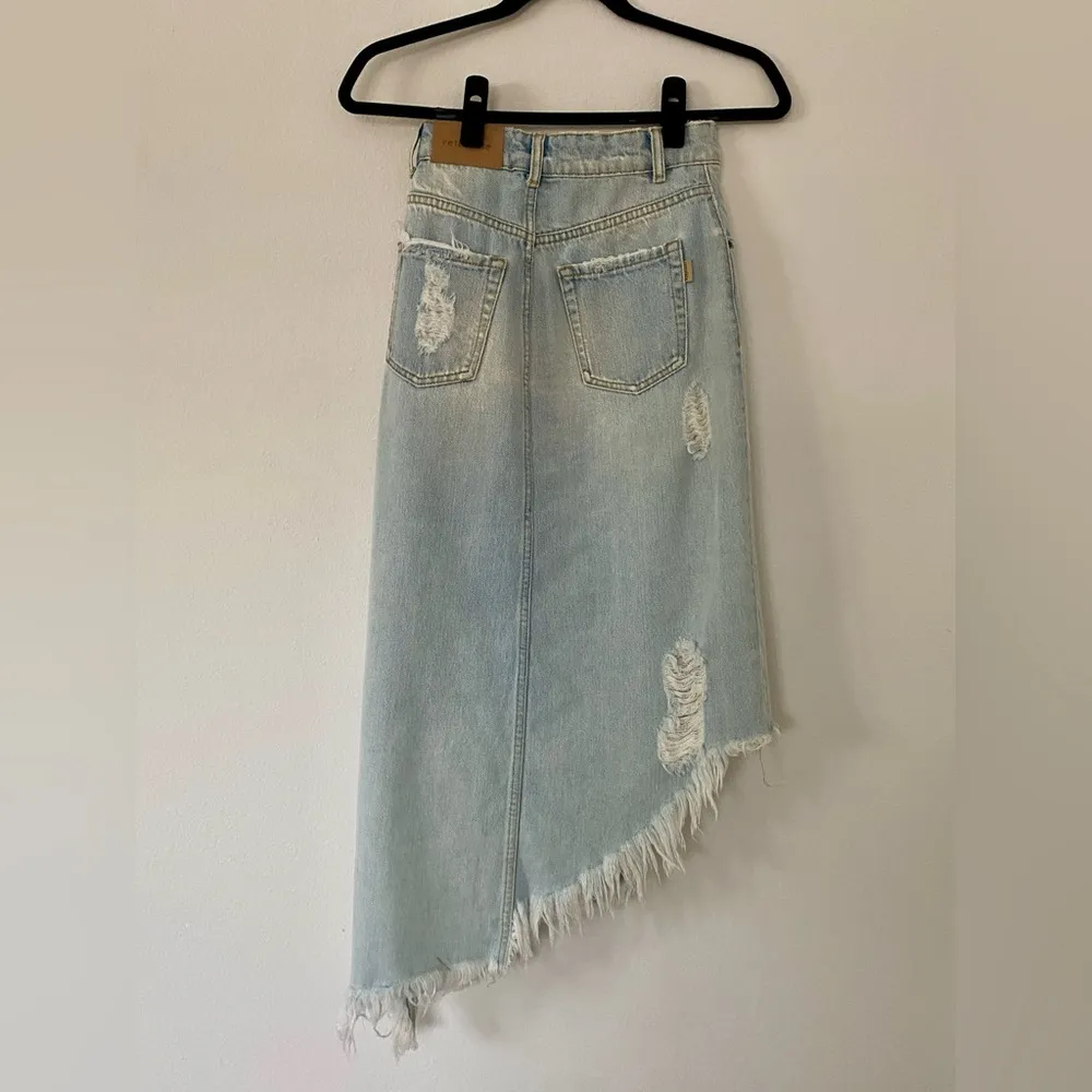 NWT Retrofete Maude Denim Distressed Midi Button Down Asymmetrical Skirt Blue Size XS - Image 4