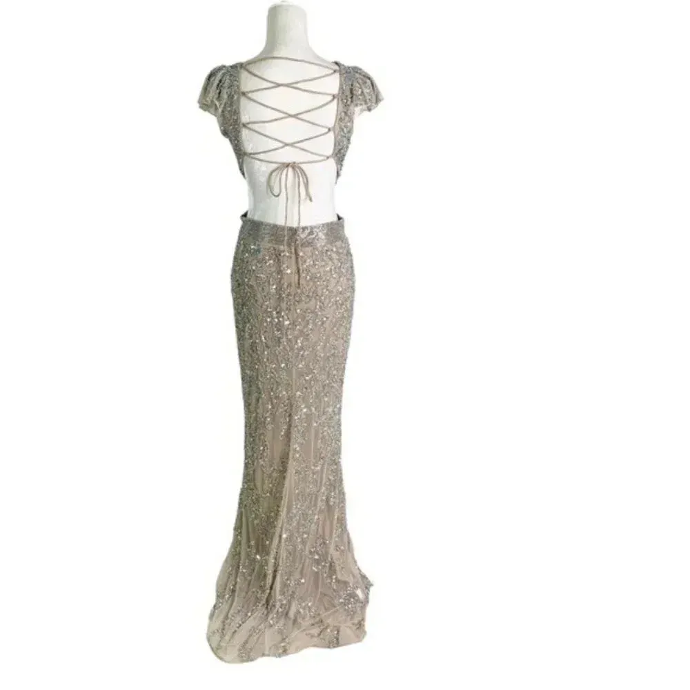 Mac Duggal Dress Beaded Cut Out Lace Up Back Sequin Gown Size 8 NWT - Image 7