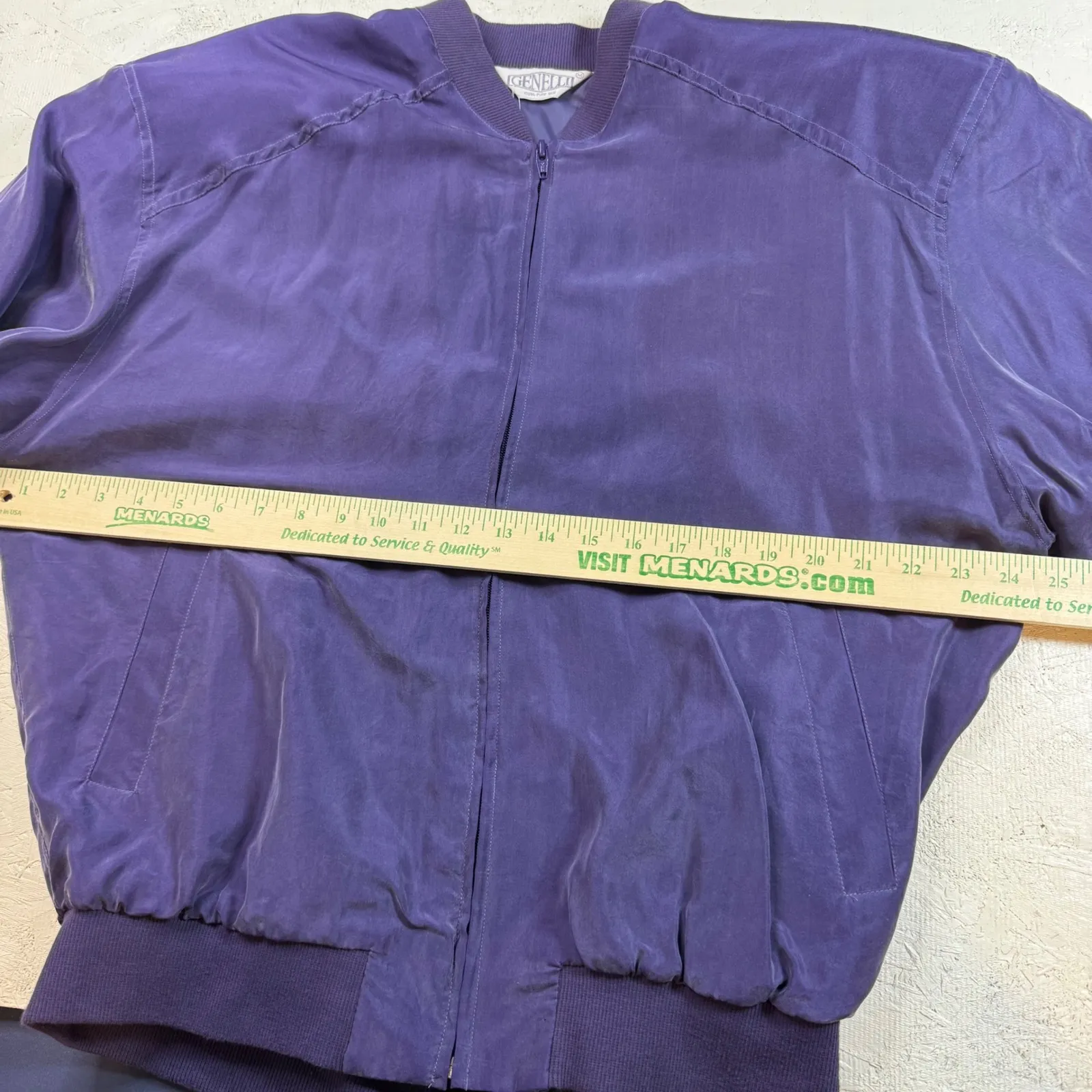 Genelli 100% Pure Silk Bomber Jacket‎ Purple Full Zip Size Medium Ribbed Cuffs - Image 3