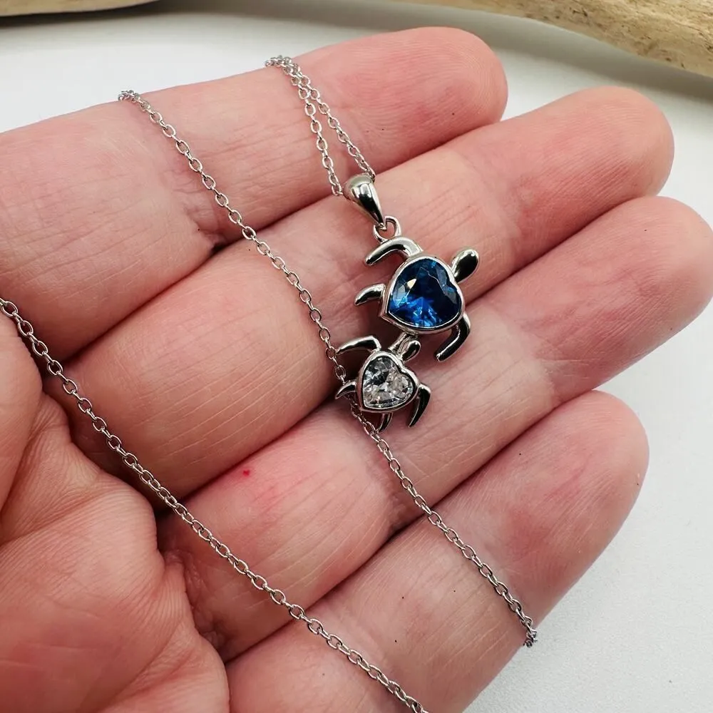 Sterling Silver Mom and Baby Turtle CZ Heart Necklace Silver - Image 5