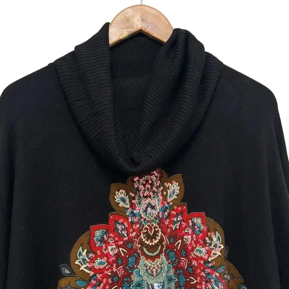 Desigual Casandra Jumper Sequin Paisley Knit Funnel Turtleneck Sweater Black L - Image 8