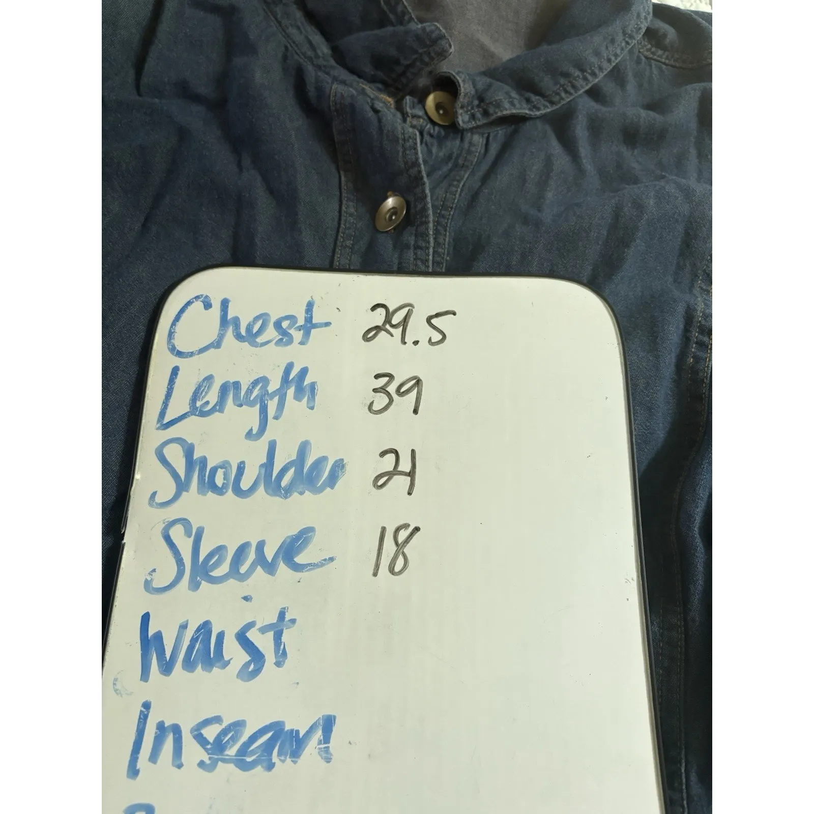 Ellos Womens Size 34W Chambray Tunic Shirt Dress Button Front Pockets 3/4 Sleeve Blue - Image 7