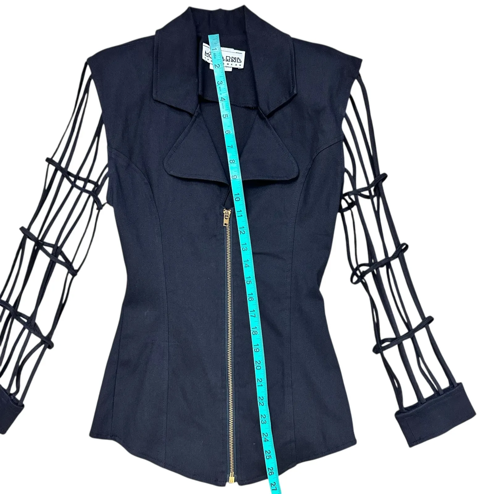 Moderne Sportswear Vintage 80s Blazer Black Cage Sleeve Zip Up Top Sz Small - Image 8