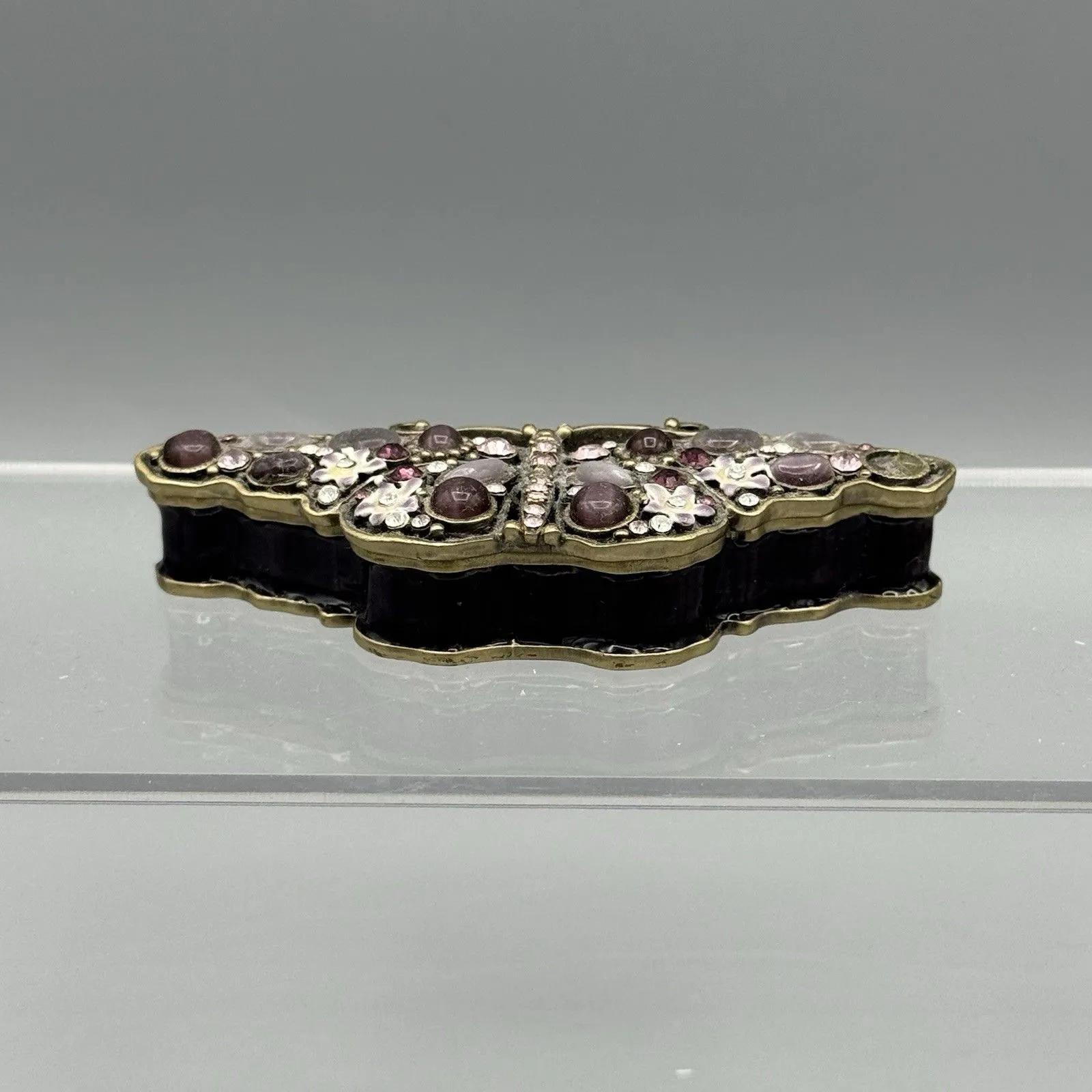 Butterfly Trinket Box Brooch Pin Metal Jeweled Magnetic Enameled Rhinestone READ Purple Size 0 - Image 6