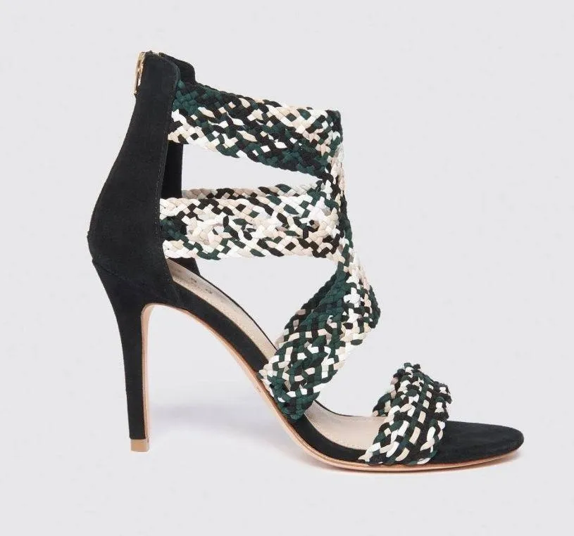 NEW Sandro Agate Vert Sapin Green Black Woven Strap Open Toe Heel Sandal 39 - Image 2