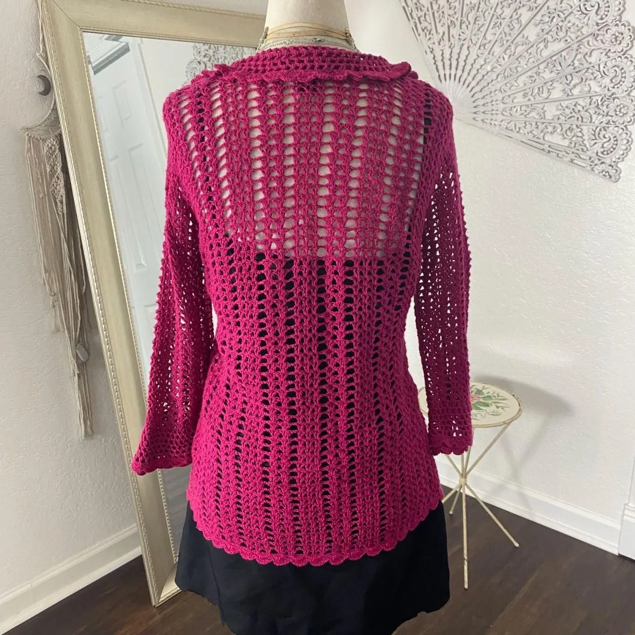 Westbound Coquette Whimsygoth Front Hook Ruffle Pink Crochet Cardigan S - Image 6
