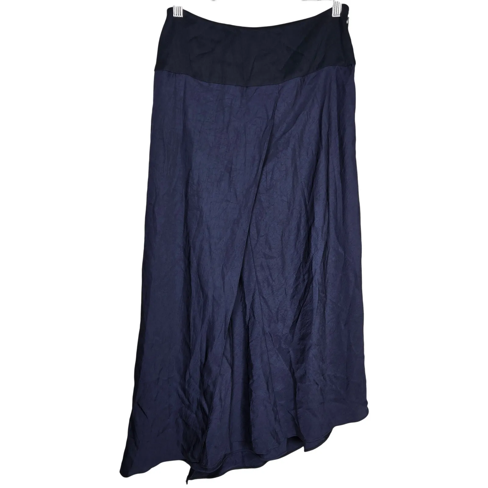 Vince Asymmetrical Paneled Draped Crinkled-Satin Midnight‎ Navy Blue Midi Skirt - Image 2