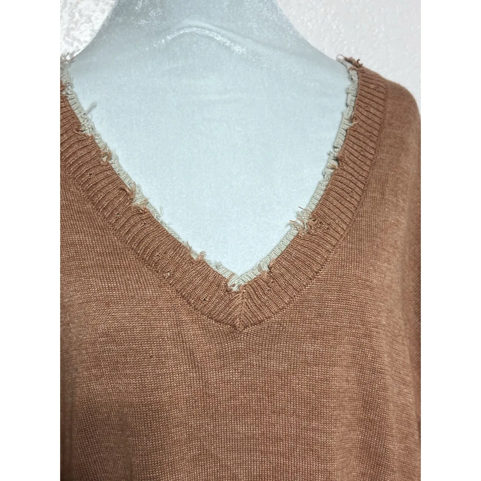 Dear John Distressed Neck and Cuff Rust Orange V Neck Sweater Large - Image 2