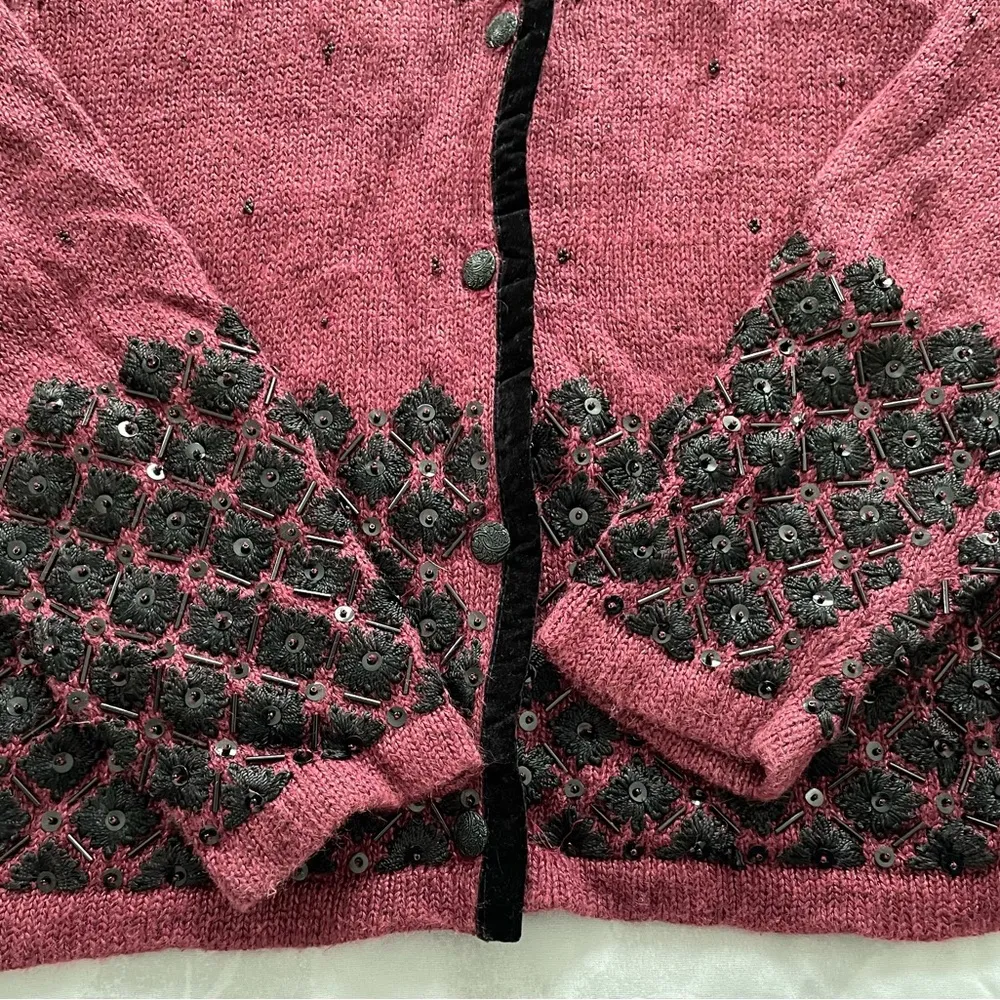 Vintage Curio maroon black boho floral embroidered beaded cardigan, size S Red - Image 12