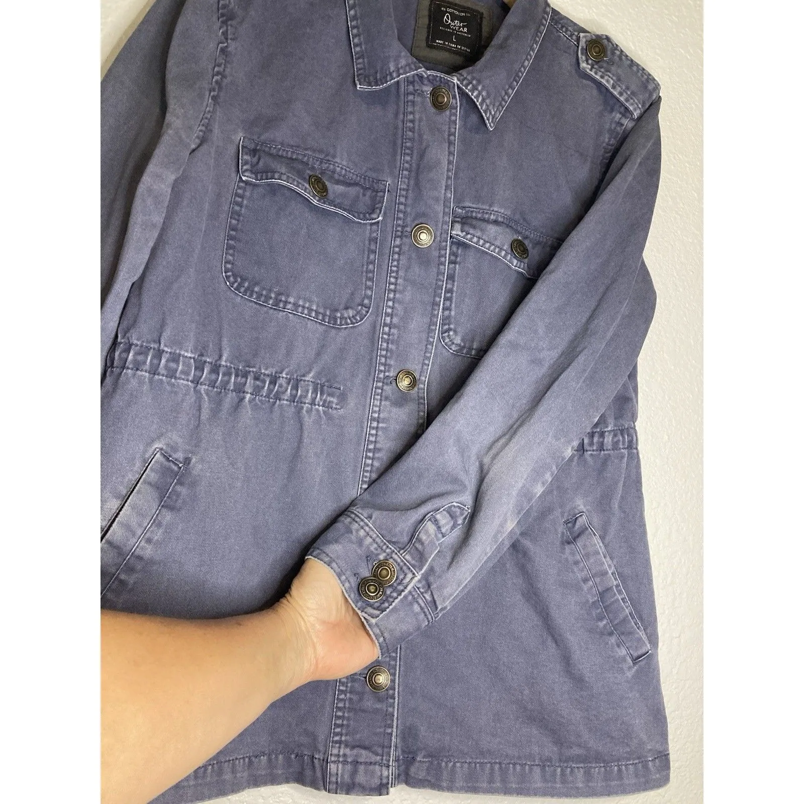 Cotton On Chambray Jacket Womens L Blue Cargo Utility Anorak Chore Cinched - Image 4