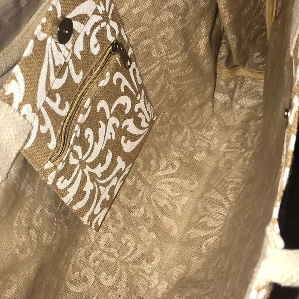 Boutique burlap damask print tote bag summer beach Tan - Image 5