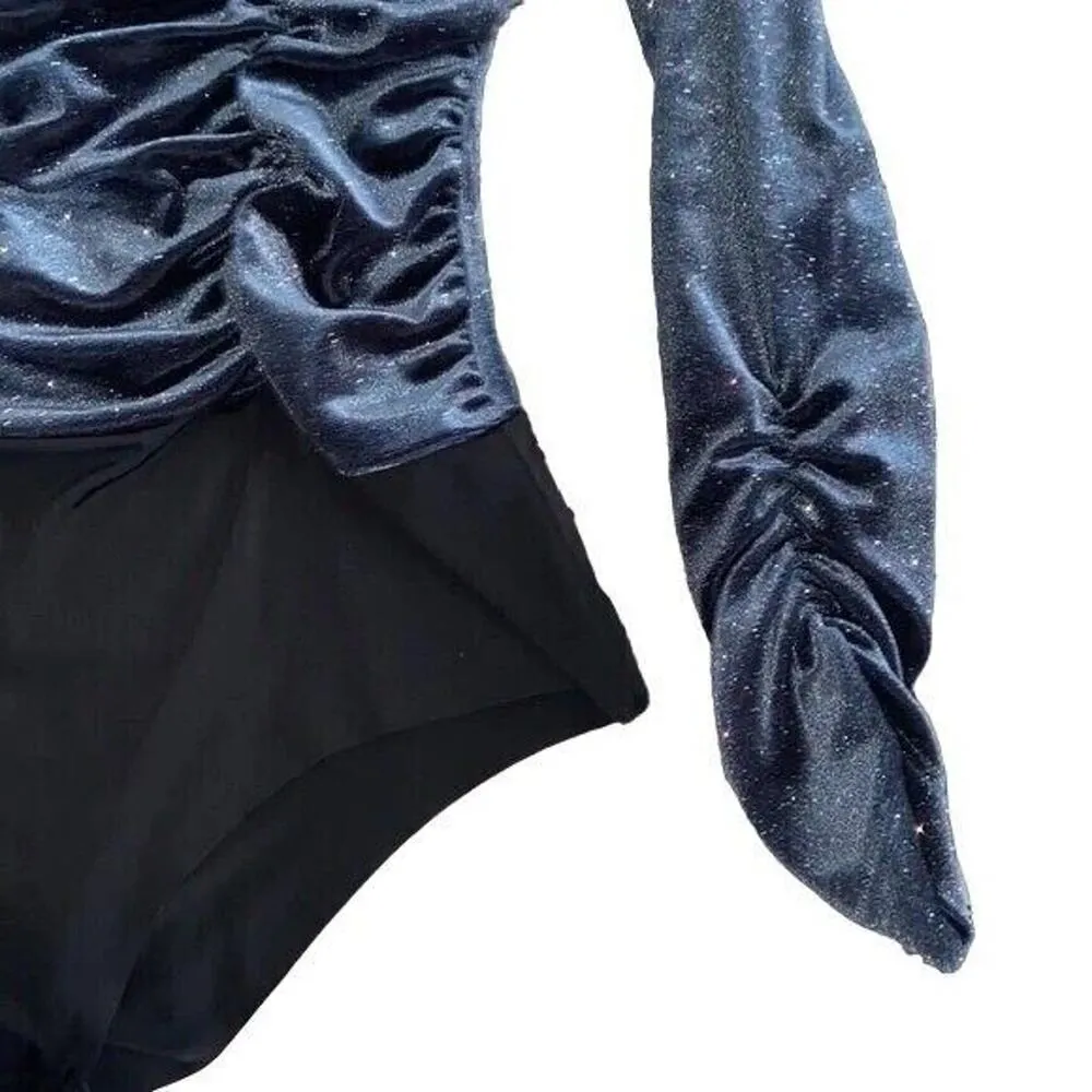 ZARA Velvet Glitter Ruched Longsleeve Mock Neck Bodysuit Snap Crotch M Navy Blue - Image 11