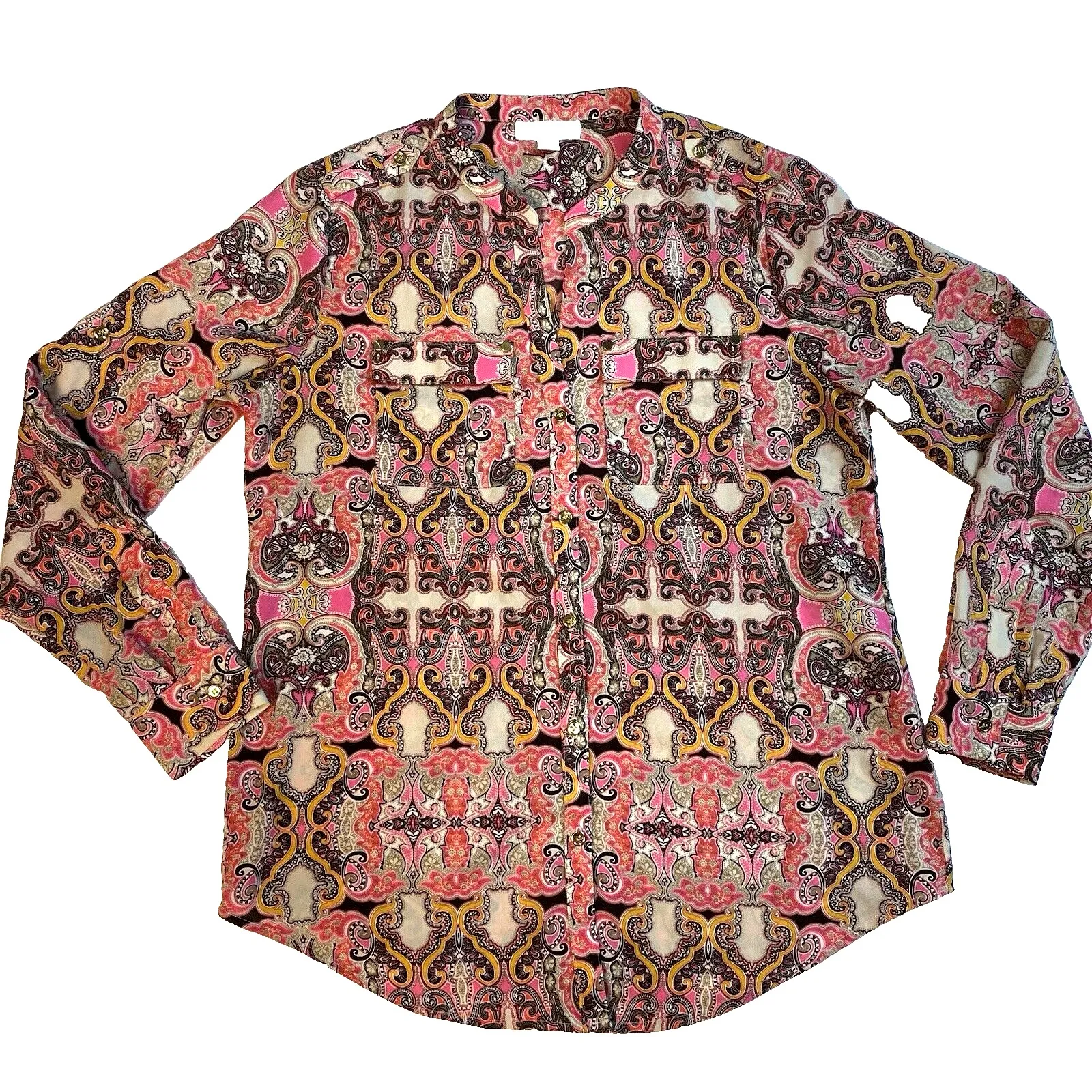 Charter Club Button Up Pink Paisley Size PP (Small) Long Sleeve Roll Tab Blouse - Image 3