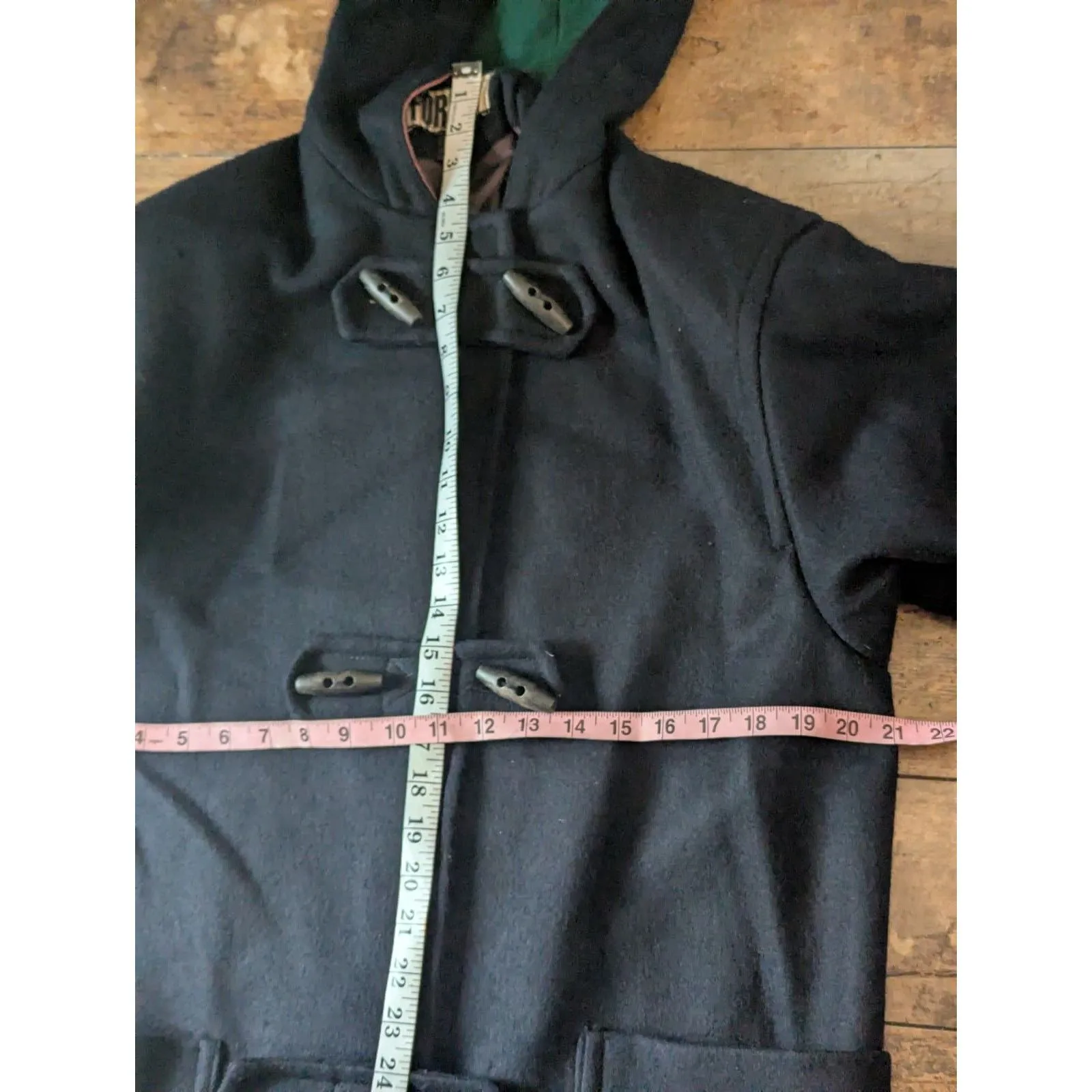 Vintage FORENZA 100% Wool Duffle Coat Toggle Hooded Black Medium Cabin Core - Image 6