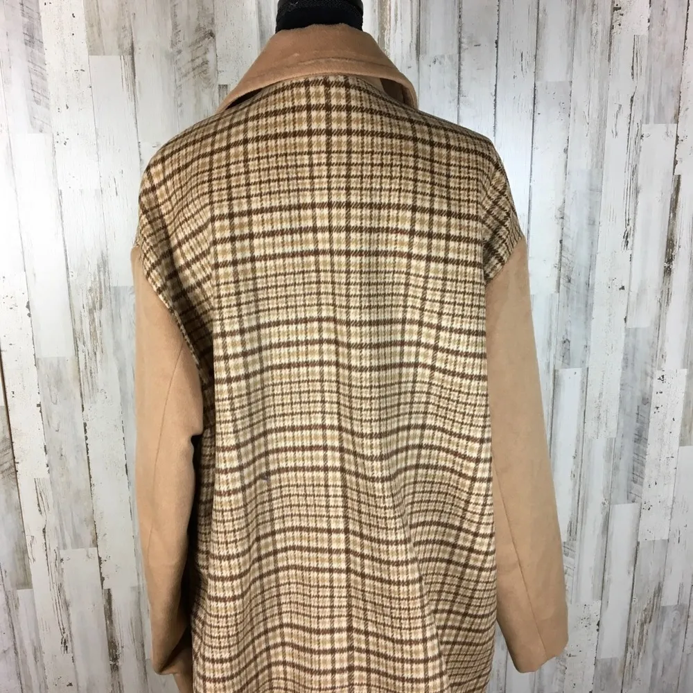Mural Plaid Longline Coat Jacket Wool Blend Brown Size XL - Image 6