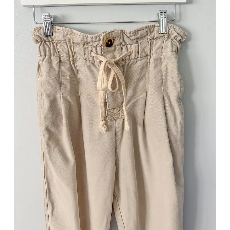 Free People Margate Beige Paperbag Waist Pleated Trouser Pants - Image 6
