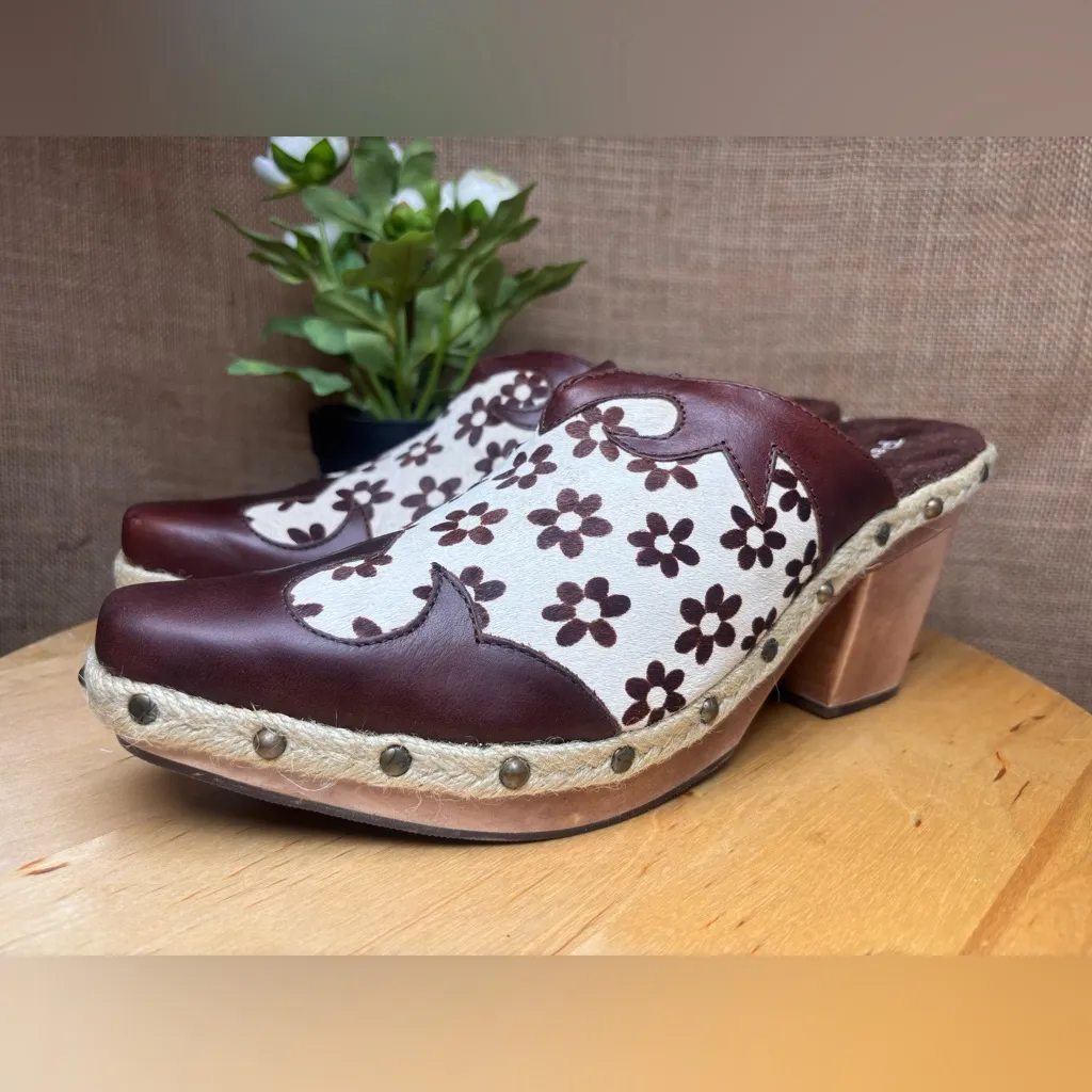 🌼RARE VTG Paris Blues size #9 Brown Floral Women's Clogs daysi print cow 🐄 🌼 - Image 3