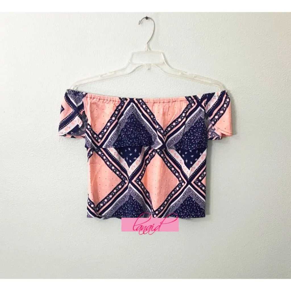 Cotton On Sabrina Off Shoulder Top Pink Blue Ruffle Bardot Bandana Shoulderless - Image 2